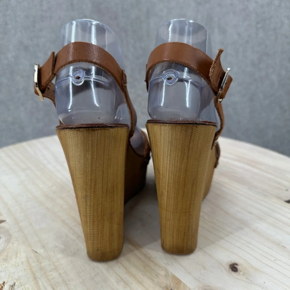Seychelles Ciao Wedge Sandals Womens 8.5 Brown Leather Wood Platform Studded